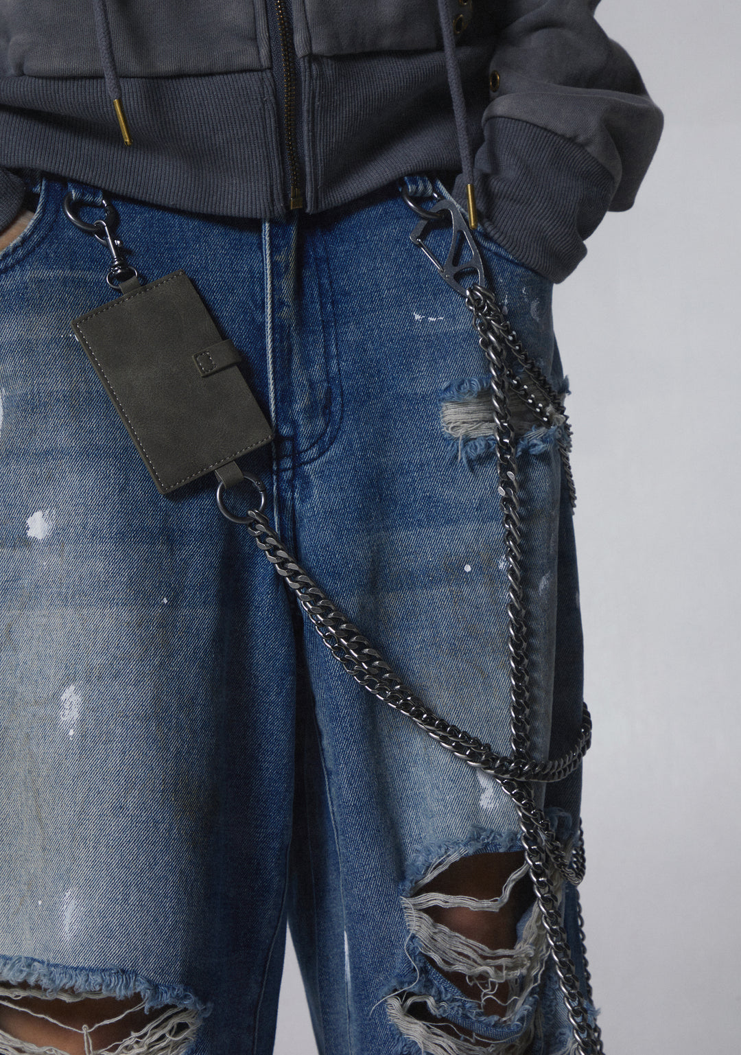 Womens Distressed Wide Leg Jeans With Chains Current Mood - Blue - Image 6