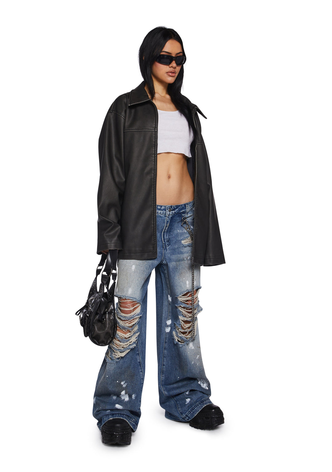 Womens Distressed Wide Leg Jeans With Chains Current Mood - Blue - Image 2