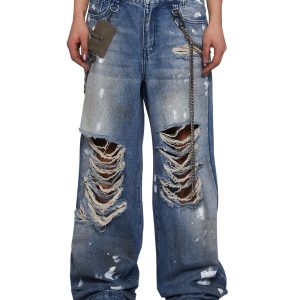 Womens Distressed Wide Leg Jeans With Chains Current Mood - Blue