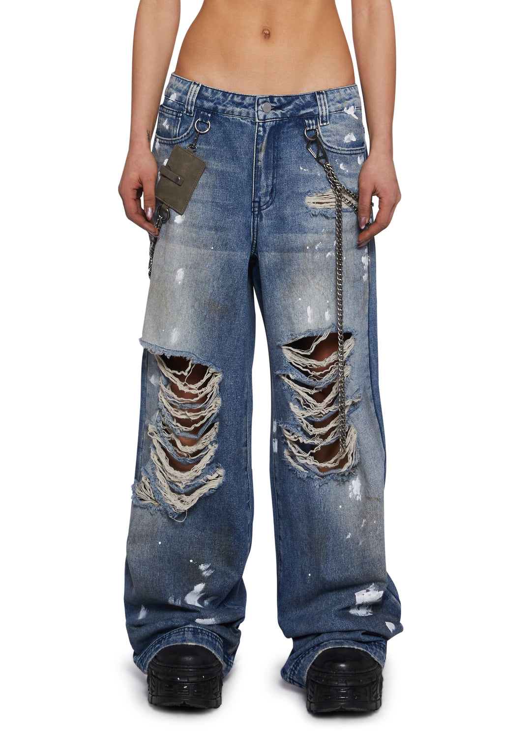 Womens Distressed Wide Leg Jeans With Chains Current Mood - Blue