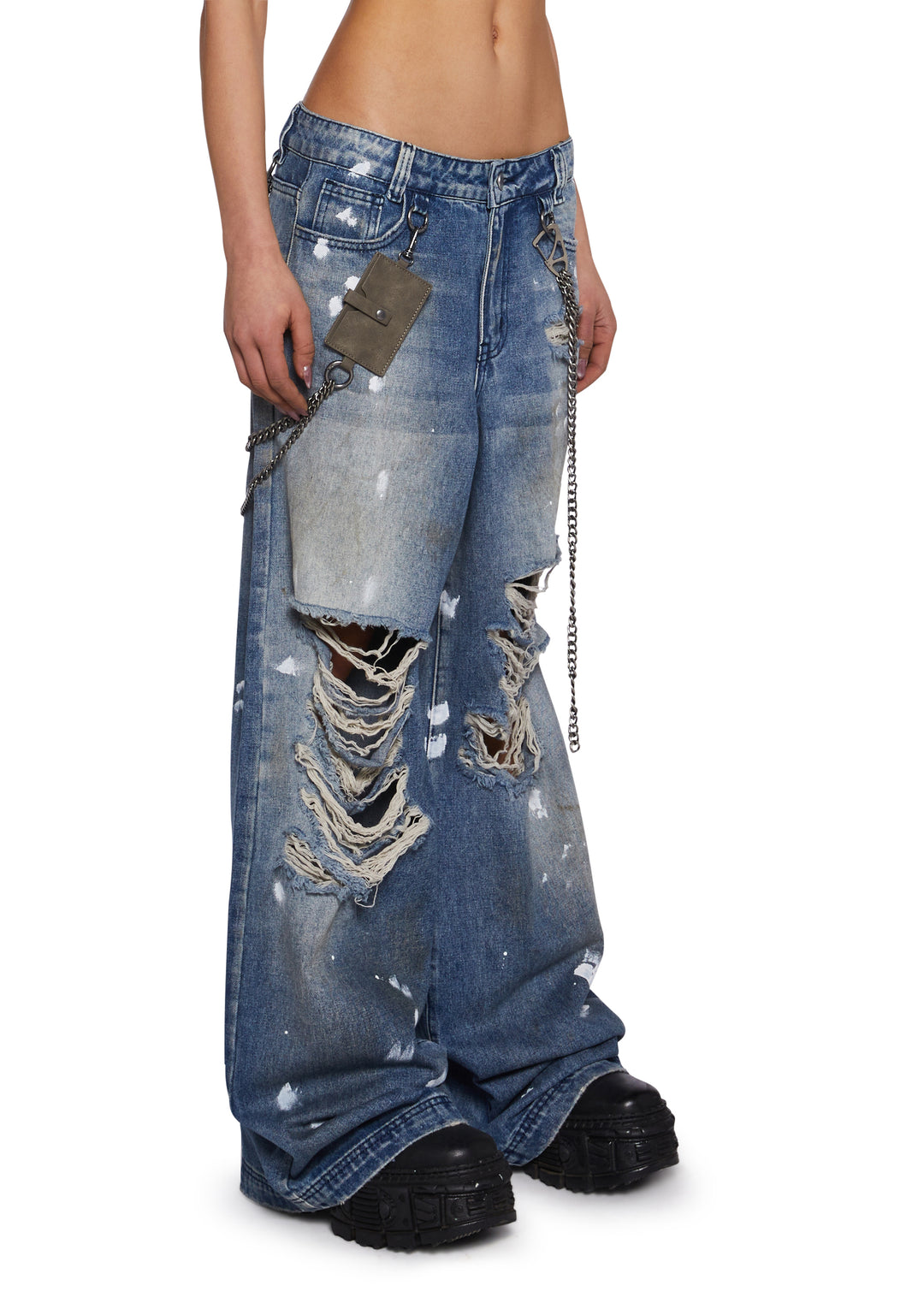 Womens Distressed Wide Leg Jeans With Chains Current Mood - Blue - Image 3