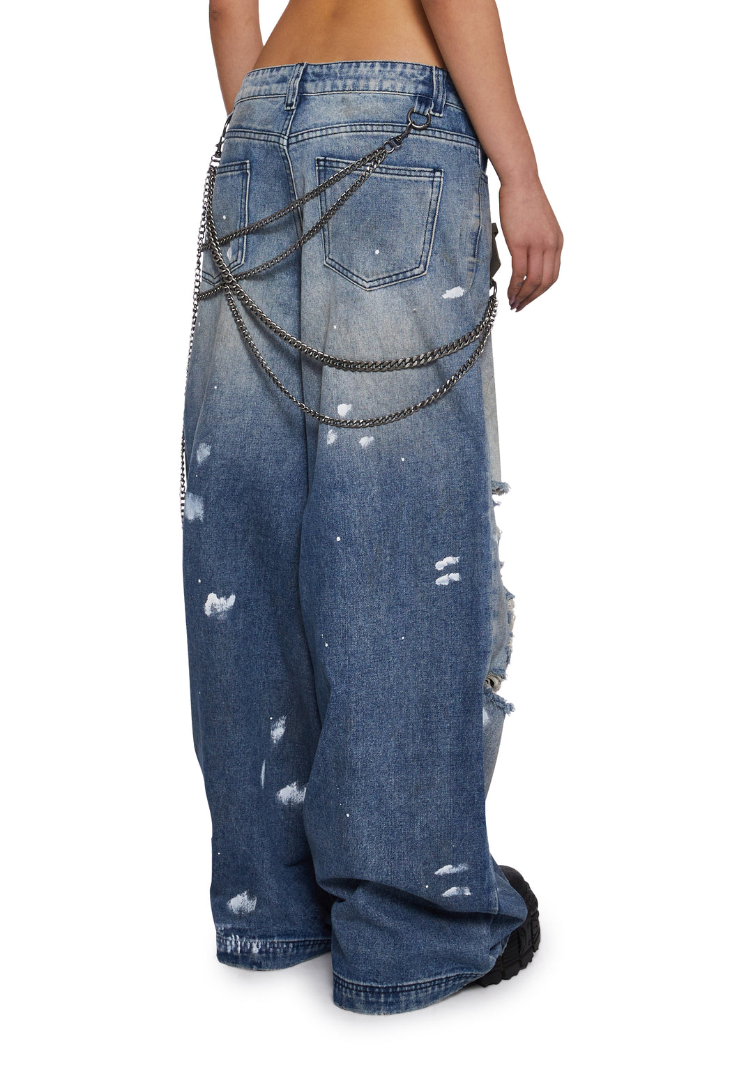 Womens Distressed Wide Leg Jeans With Chains Current Mood - Blue - Image 4