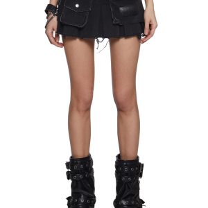 Womens Washed Denim Pleated Skirt With Pockets Darker Wavs - Black