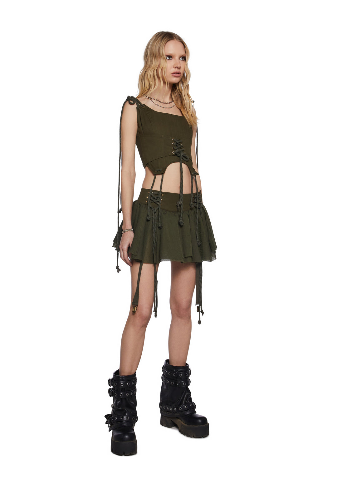 Womens Cotton Lace Up Skirt With Garter Straps Darker Wavs - Green - Image 2
