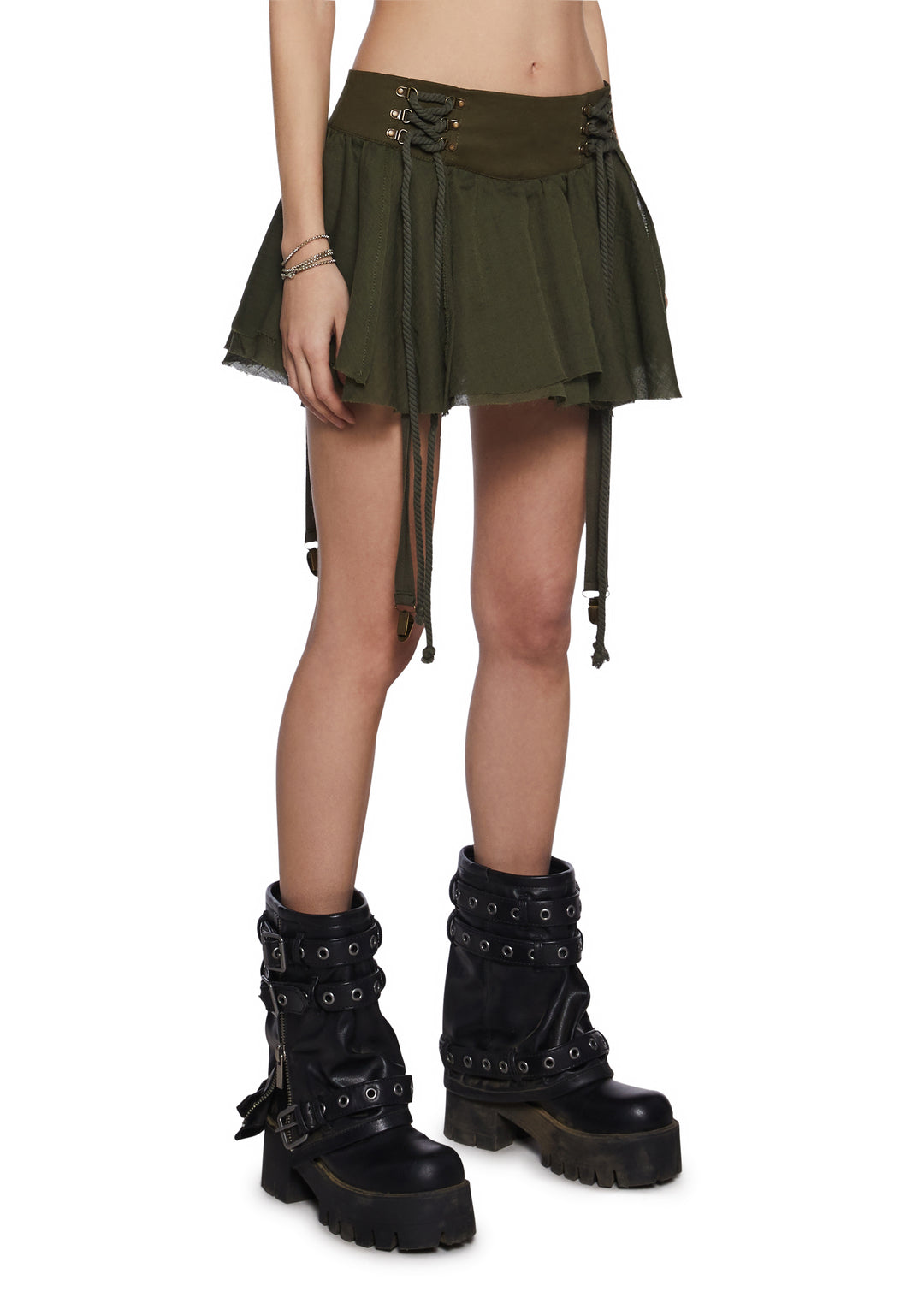 Womens Cotton Lace Up Skirt With Garter Straps Darker Wavs - Green - Image 3