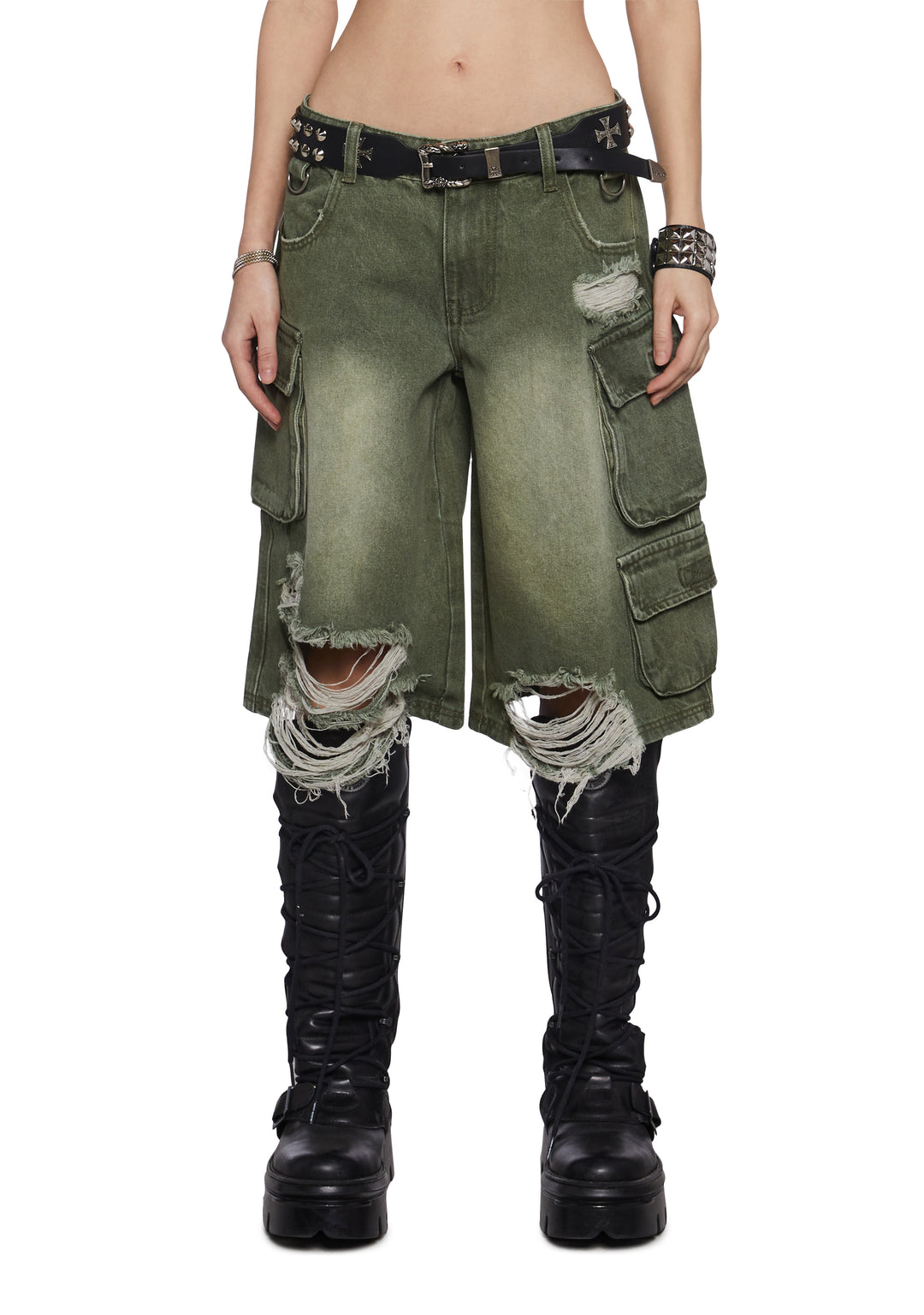 Shredded Cargo Shorts Darker Wavs - Green