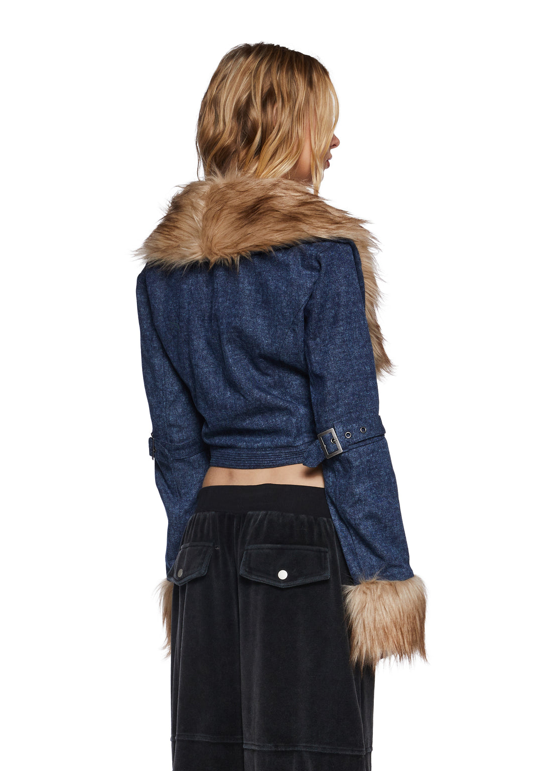 Generation Kiss Faux Fur Trim Denim Buckle Crop Jacket - Blue - Image 4