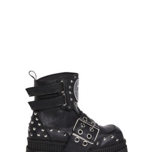 Demonia Wrath-58 Buckle Studded Platform Ankle Boots - Black