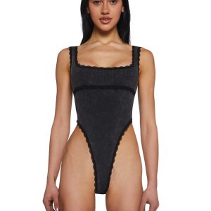 Womens Ribbed Bodysuit With Lace Trim Current Mood - Black