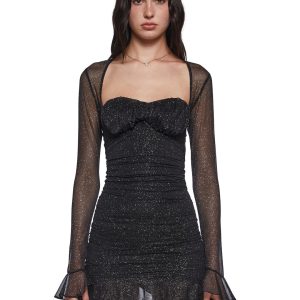 Womens Sexy Glitter Bodycon Long Sleeve Dress - Black