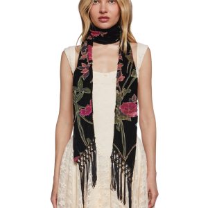 Womens Whimsygoth Velvet Skinny Scarf With Floral Prints Widow - Multi