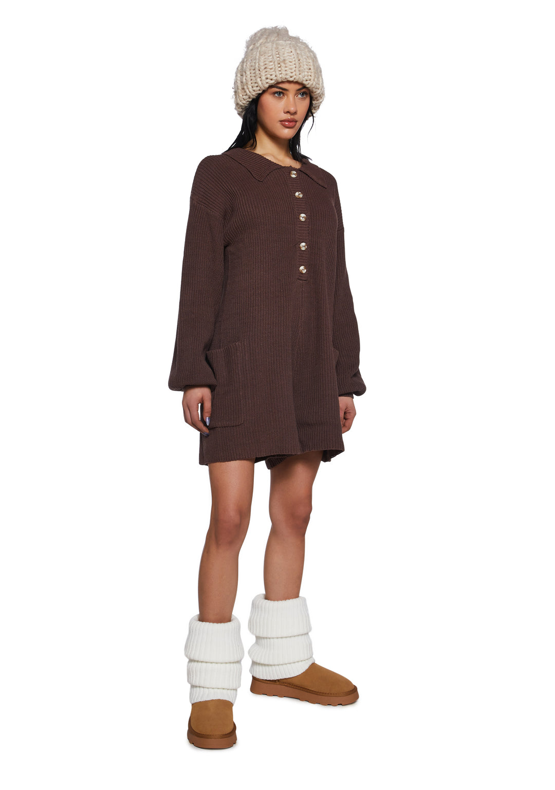 Soft Knit Long Sleeve Button-Up Romper - Brown - Image 2