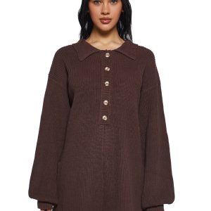 Soft Knit Long Sleeve Button-Up Romper - Brown