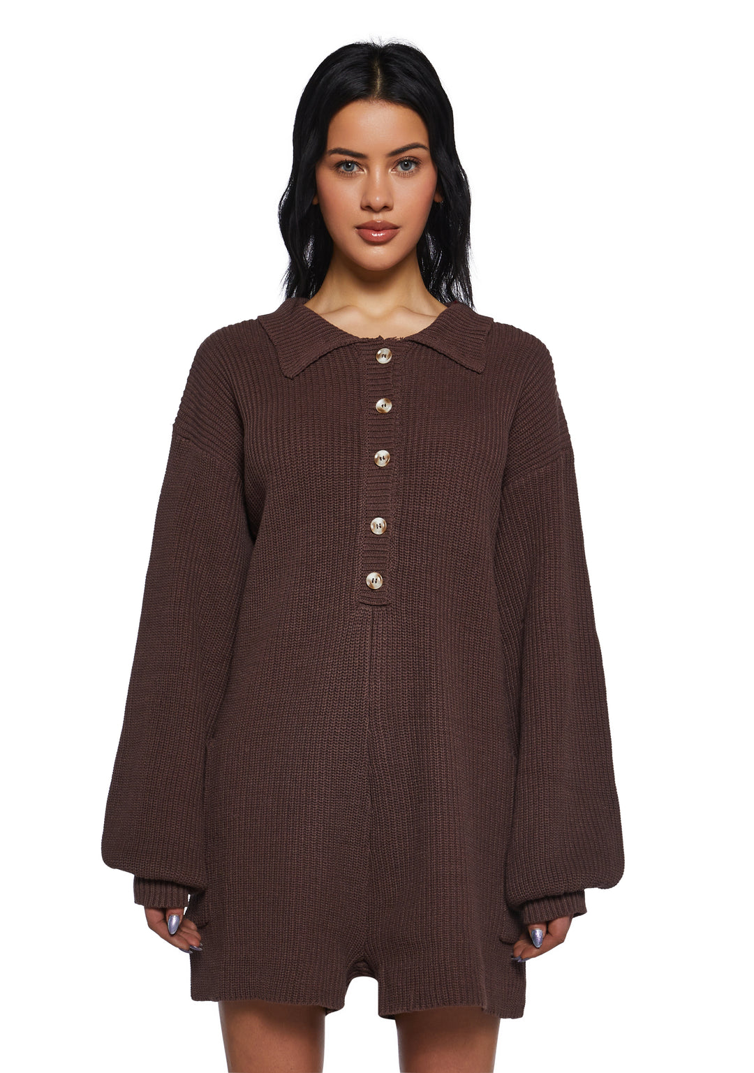Soft Knit Long Sleeve Button-Up Romper - Brown