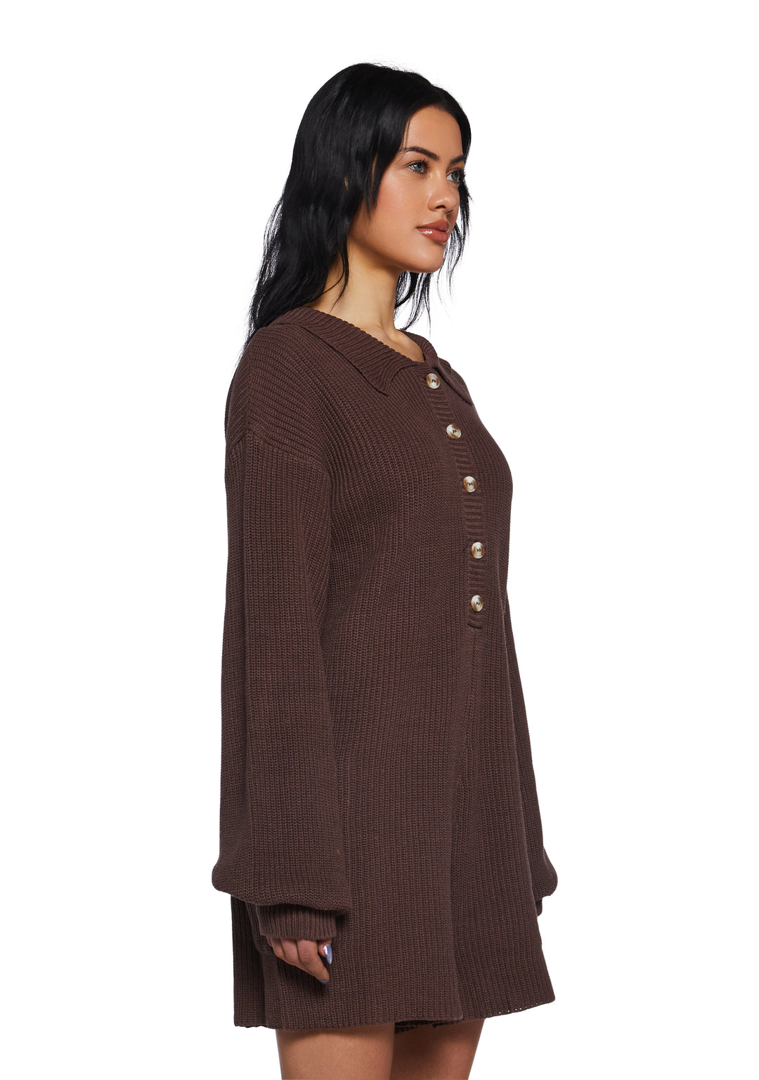 Soft Knit Long Sleeve Button-Up Romper - Brown - Image 3