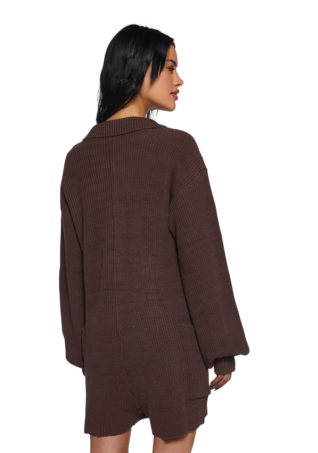 Soft Knit Long Sleeve Button-Up Romper - Brown - Image 4