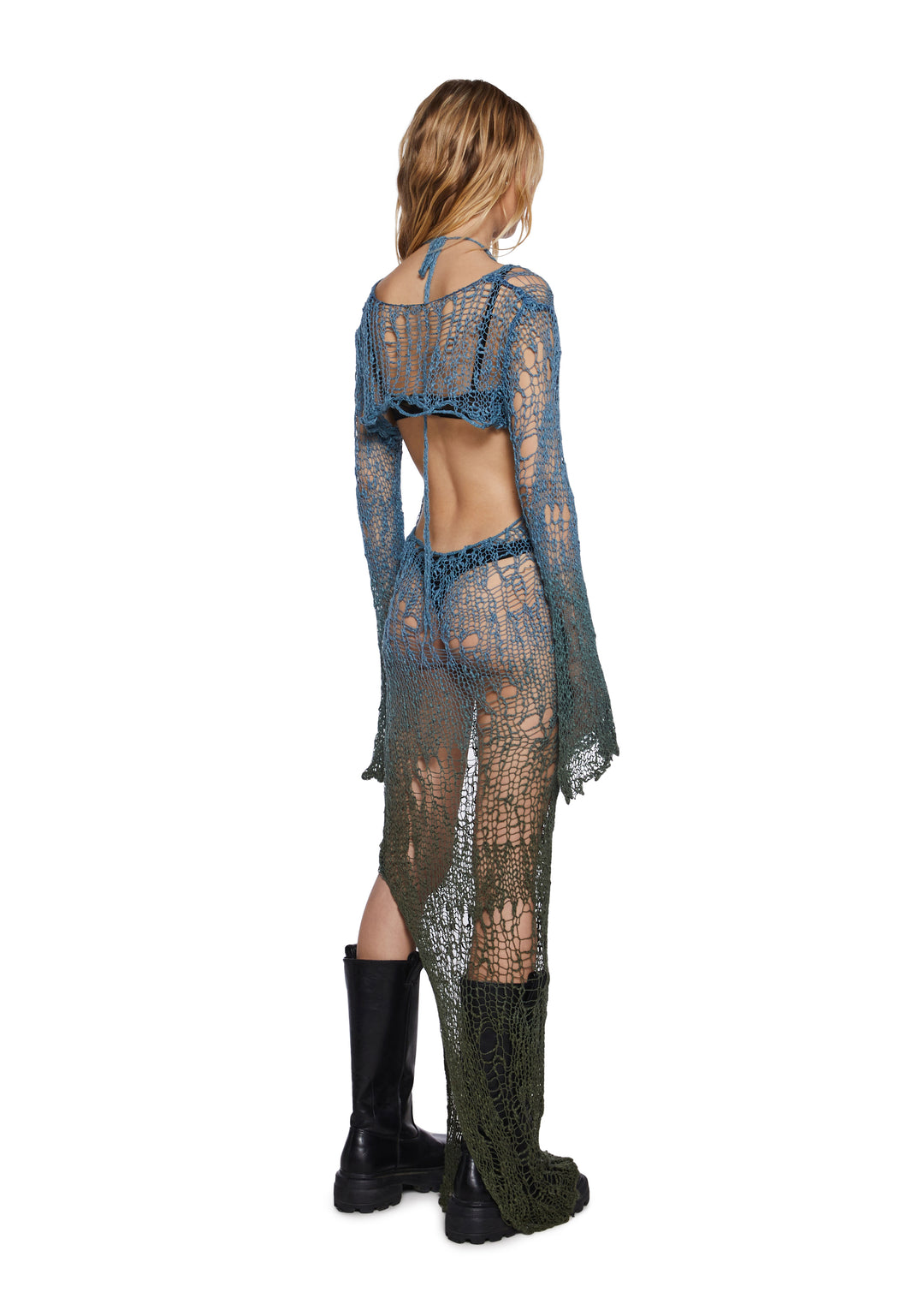 Womens Sheer Open Knit Maxi Dress And Shrug Set Club Exx - Blue - Image 4