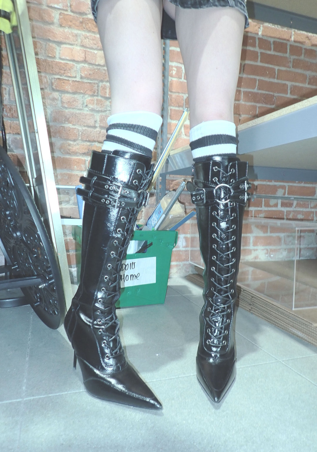 Womens Vegan Leather Lace Up Pointed Toe Stiletto Heel Boots Widow - Black - Image 6