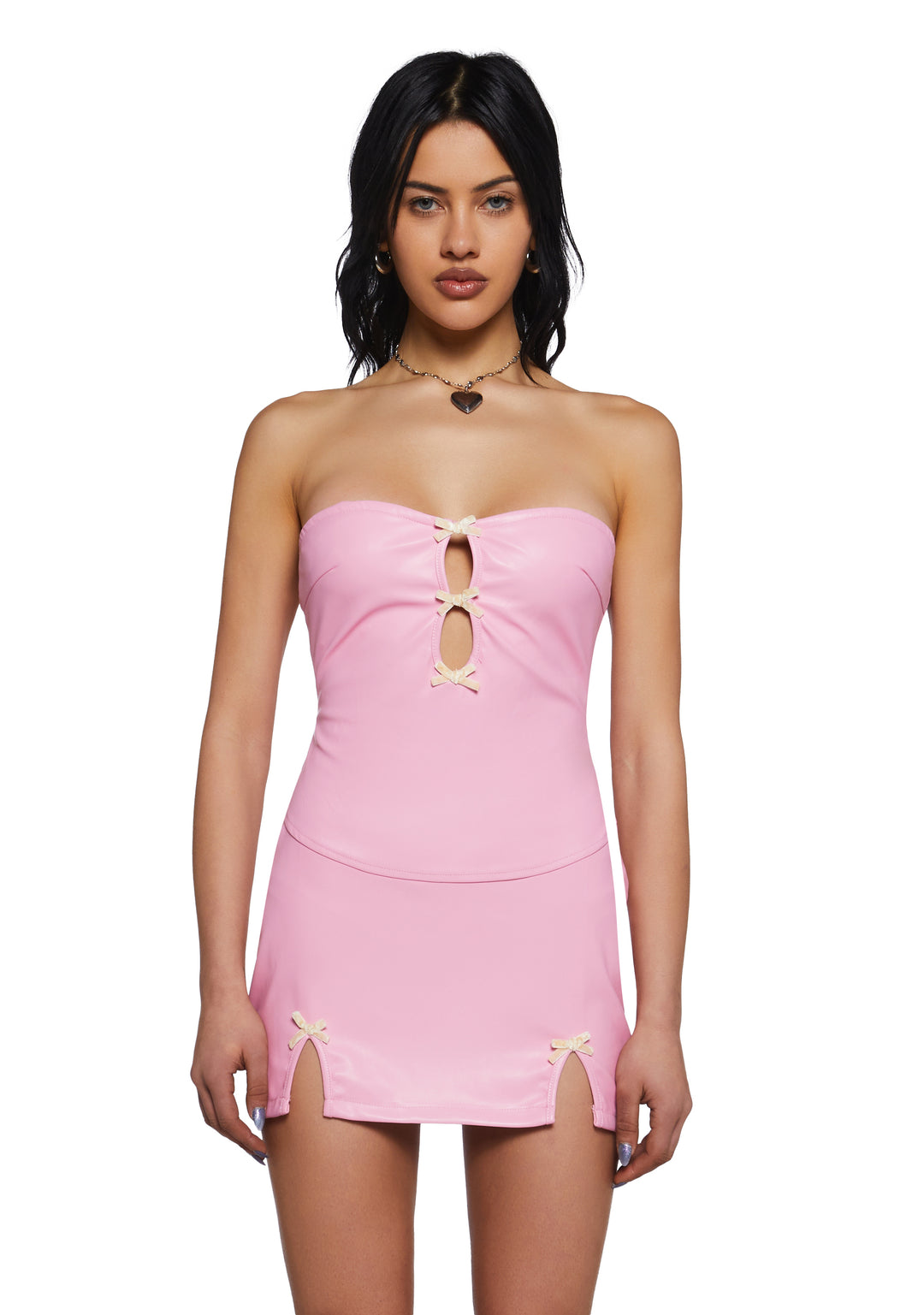 Womens Vegan Leather Strapless Dress With Bows - Pink