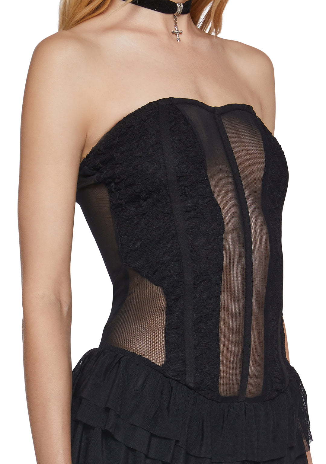 Womens Sheer Mesh And Lace Corset Mini Dress - Black - Image 5