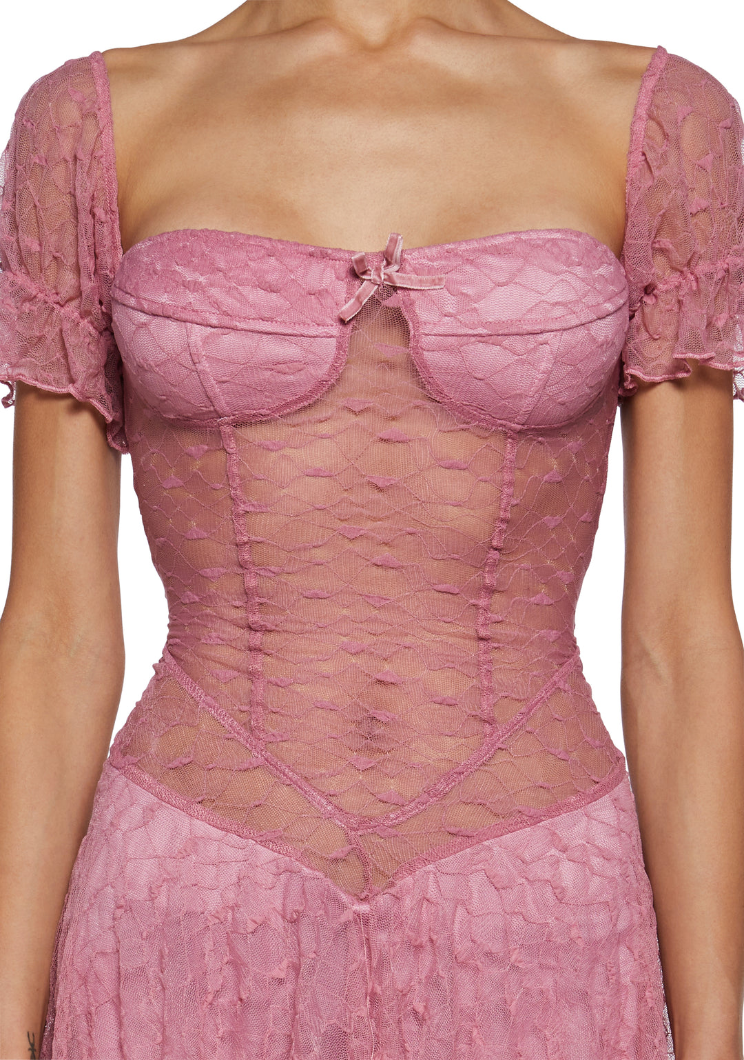 Womens Sheer Puffy Sleeve Mini Dress - Pink - Image 5