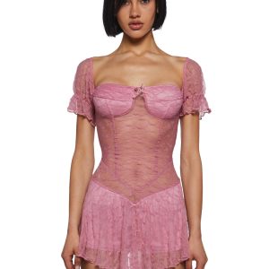 Womens Sheer Puffy Sleeve Mini Dress - Pink