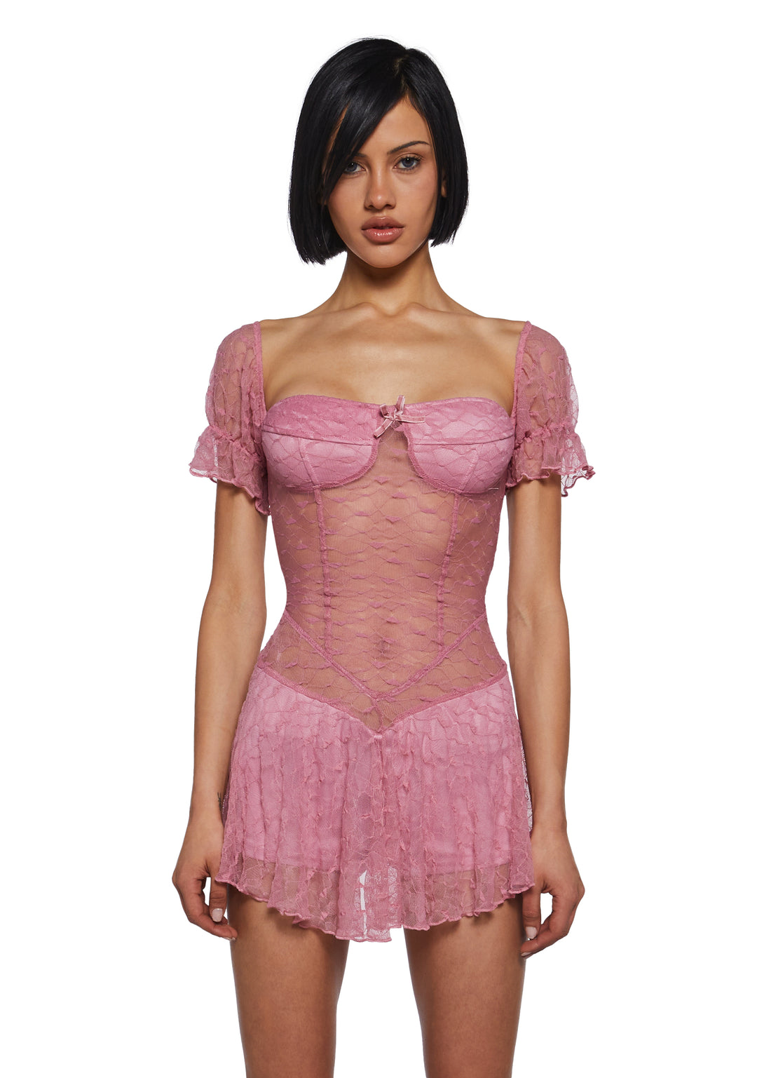 Womens Sheer Puffy Sleeve Mini Dress - Pink