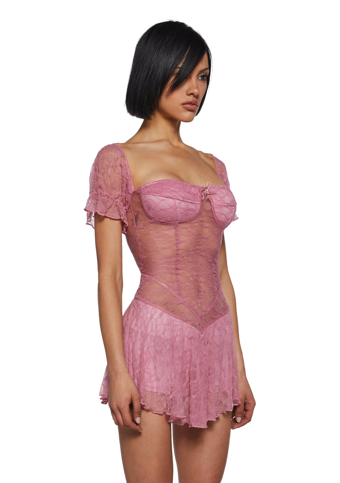 Womens Sheer Puffy Sleeve Mini Dress - Pink - Image 3
