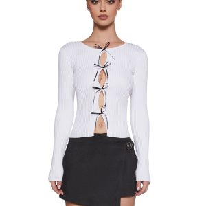 Womens Sexy Ribbed Cut Out Bow Long Sleeve Top Office Siren - White