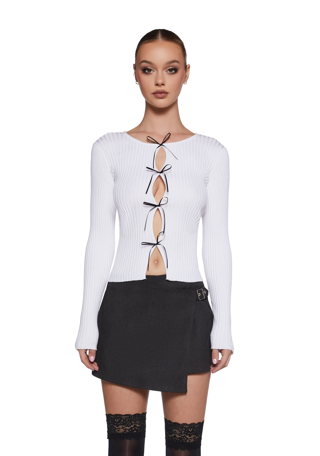 Womens Sexy Ribbed Cut Out Bow Long Sleeve Top Office Siren - White