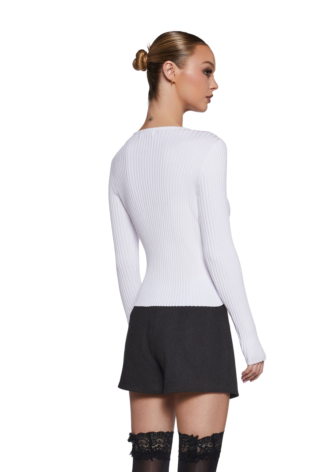 Womens Sexy Ribbed Cut Out Bow Long Sleeve Top Office Siren - White - Image 4