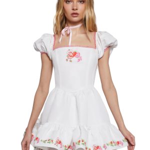 Dolls Kill | Care Bears x Strawberry Shortcake Taffeta Mini Dress With Graphics - White