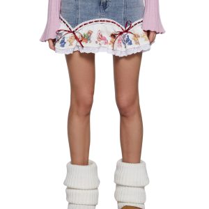 Dolls Kill | Care Bears x Strawberry Shortcake Denim Skirt With Graphic Details And Ruffled Hem - Blue