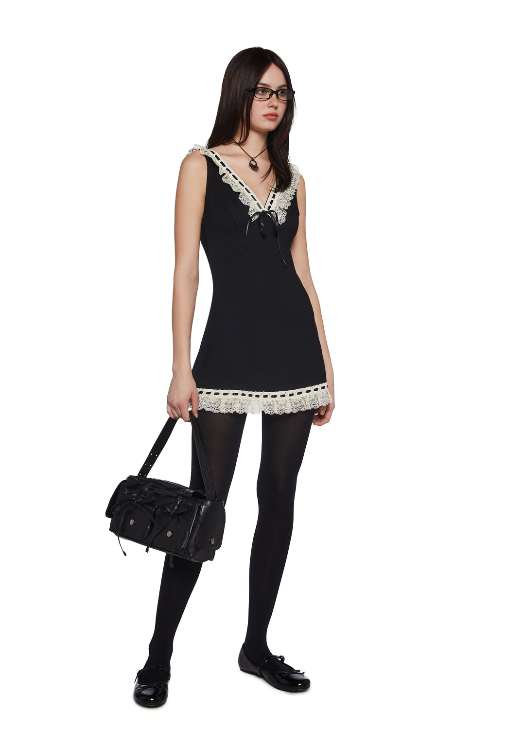 Ruched Vegan Leather Ruched Bag With Bows - Black - Image 2