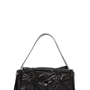 Ruched Vegan Leather Ruched Bag With Bows - Black