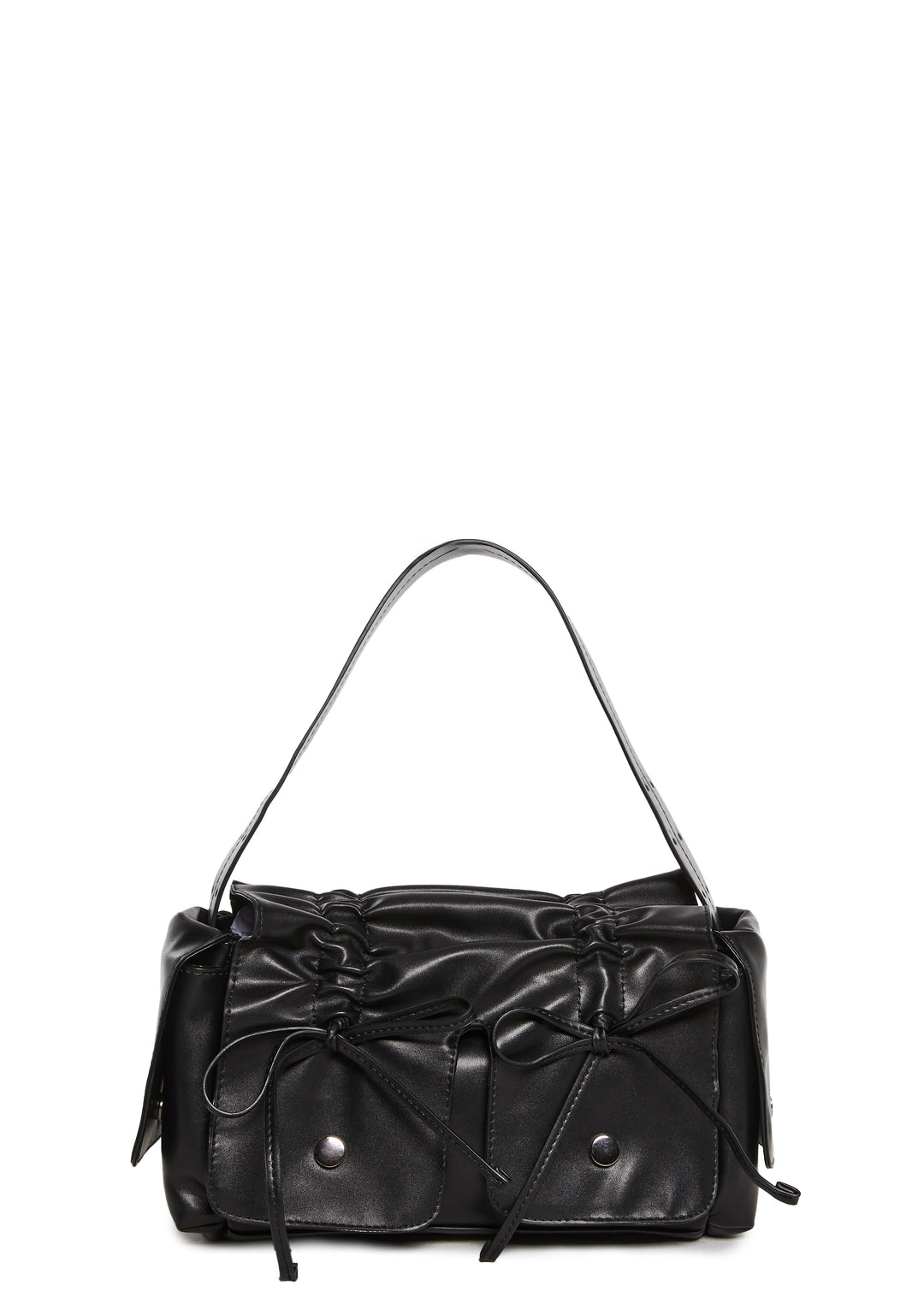 Ruched Vegan Leather Ruched Bag With Bows - Black