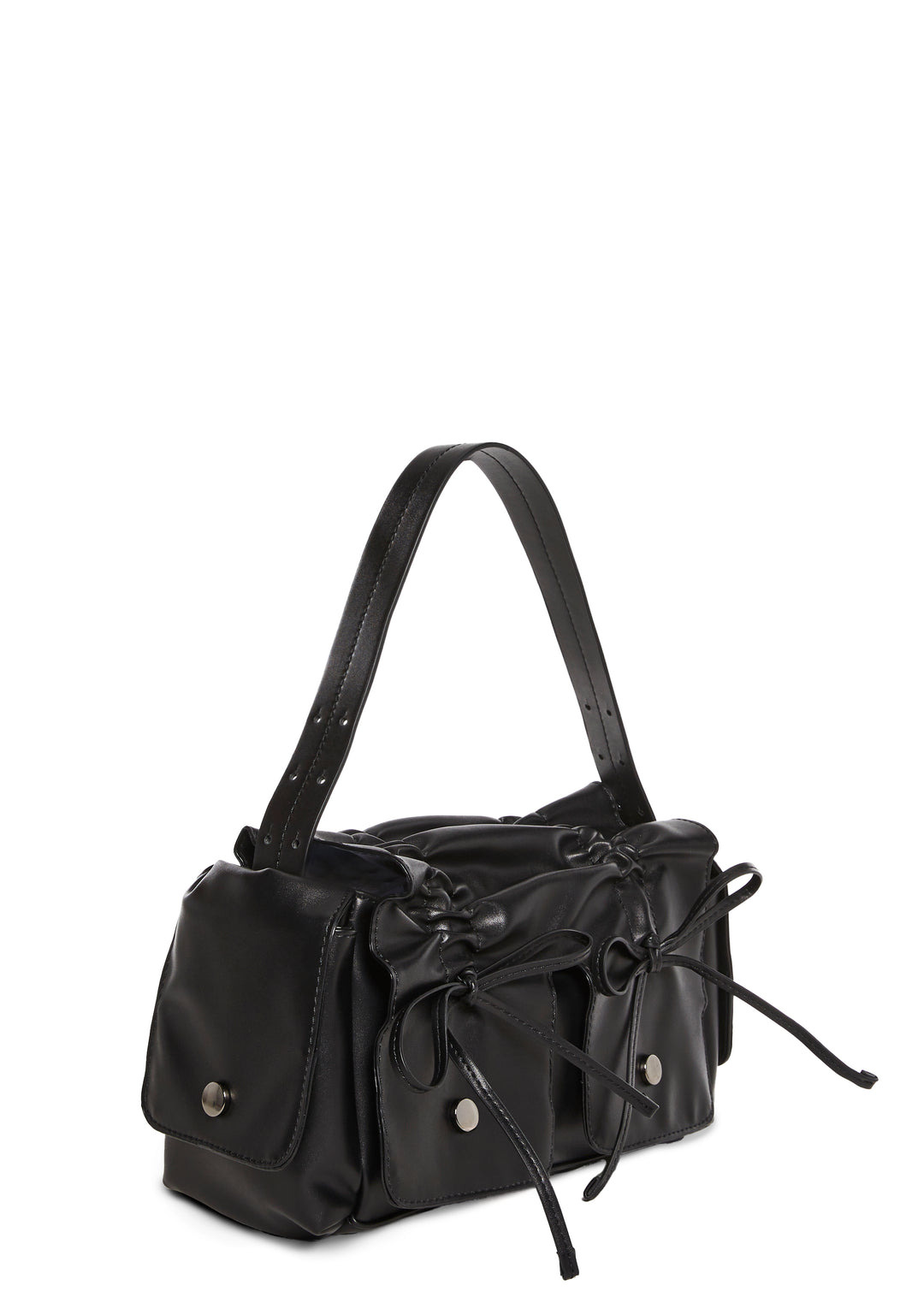 Ruched Vegan Leather Ruched Bag With Bows - Black - Image 3