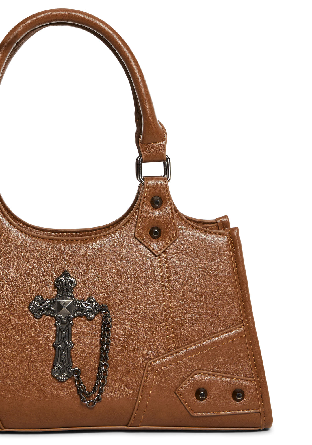 Vegan Leather Metal Cross Chain Shoulder Bag - Brown - Image 6
