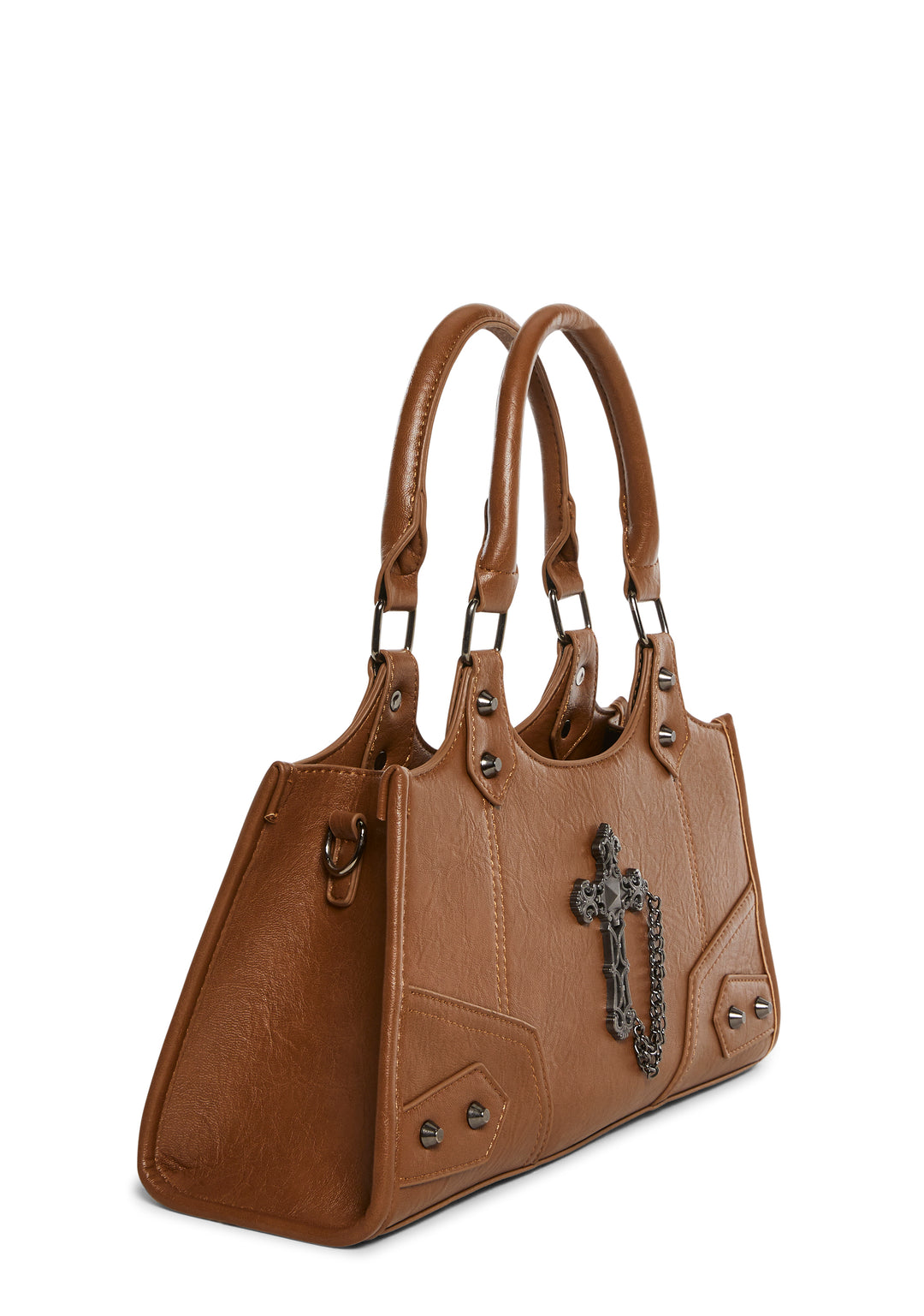 Vegan Leather Metal Cross Chain Shoulder Bag - Brown - Image 3