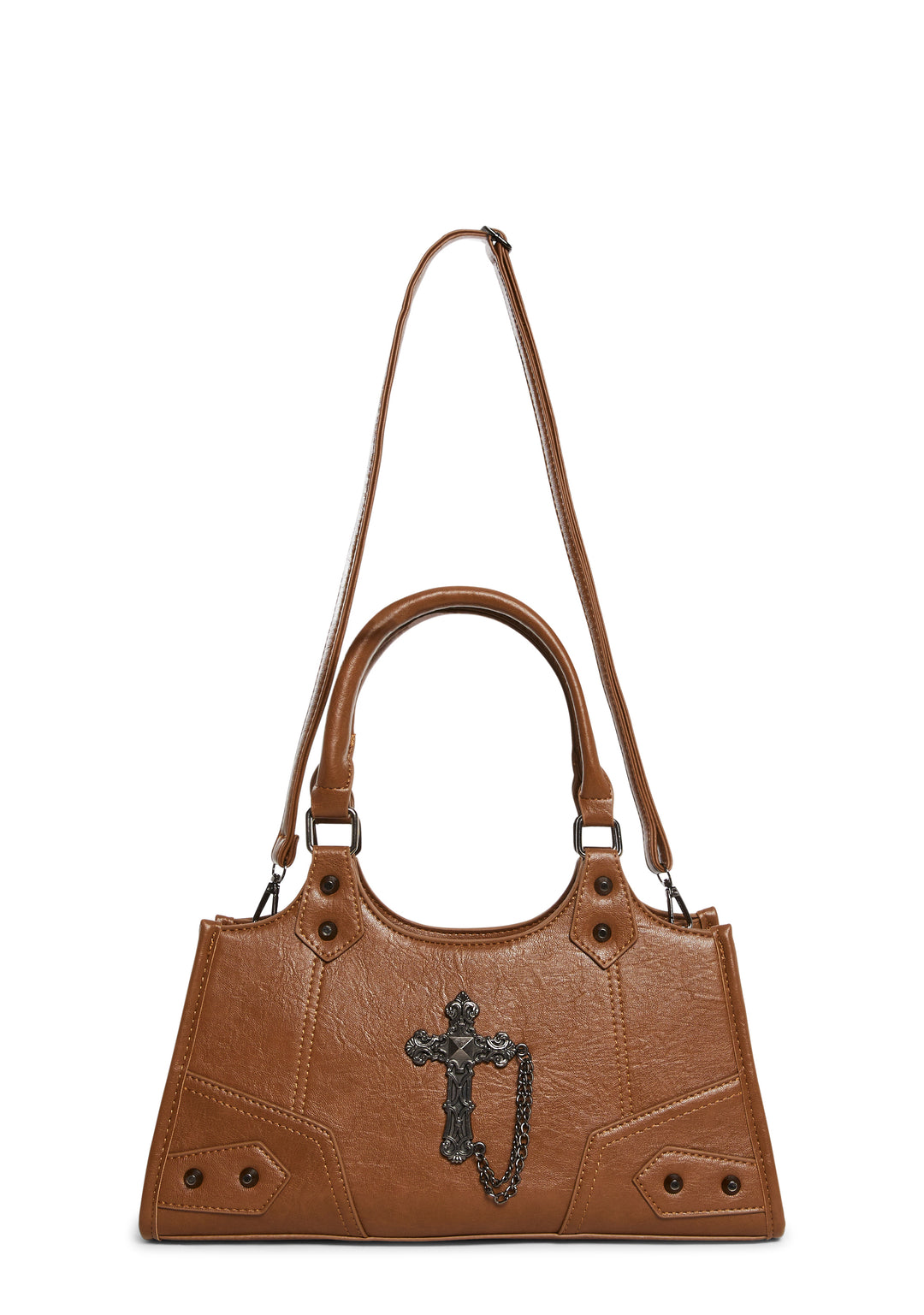 Vegan Leather Metal Cross Chain Shoulder Bag - Brown - Image 5
