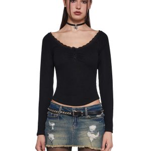 Womens Long Sleeve Ribbed Top With Lace - Black