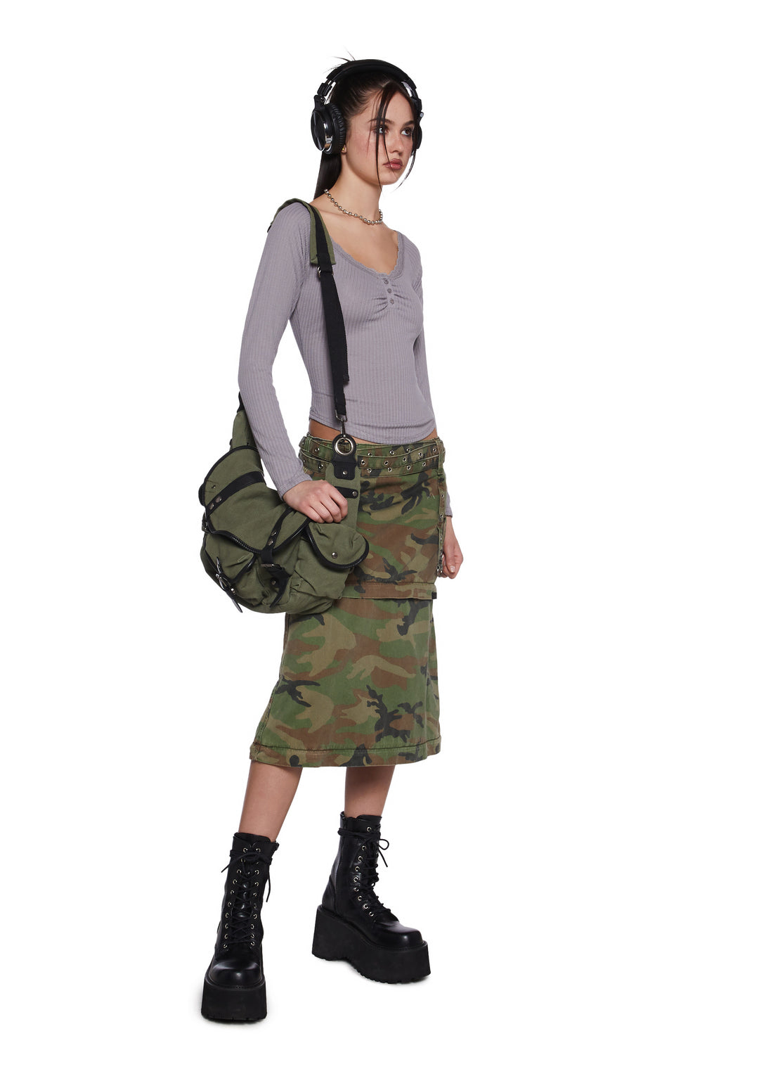 Womens Long Sleeve Ribbed Top With Lace - Gray - Image 2