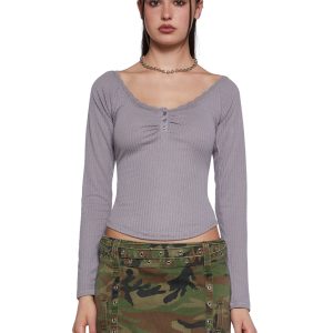 Womens Long Sleeve Ribbed Top With Lace - Gray