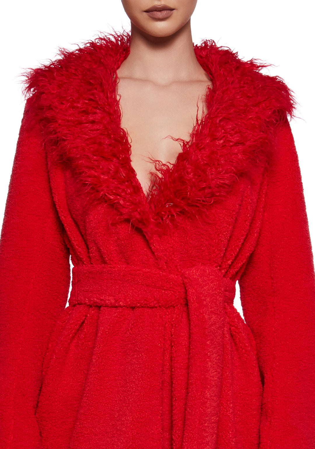 Womens Plush Fleece Long Coat With Tie Closure - Red - Image 2