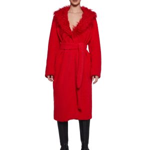 Womens Plush Fleece Long Coat With Tie Closure - Red