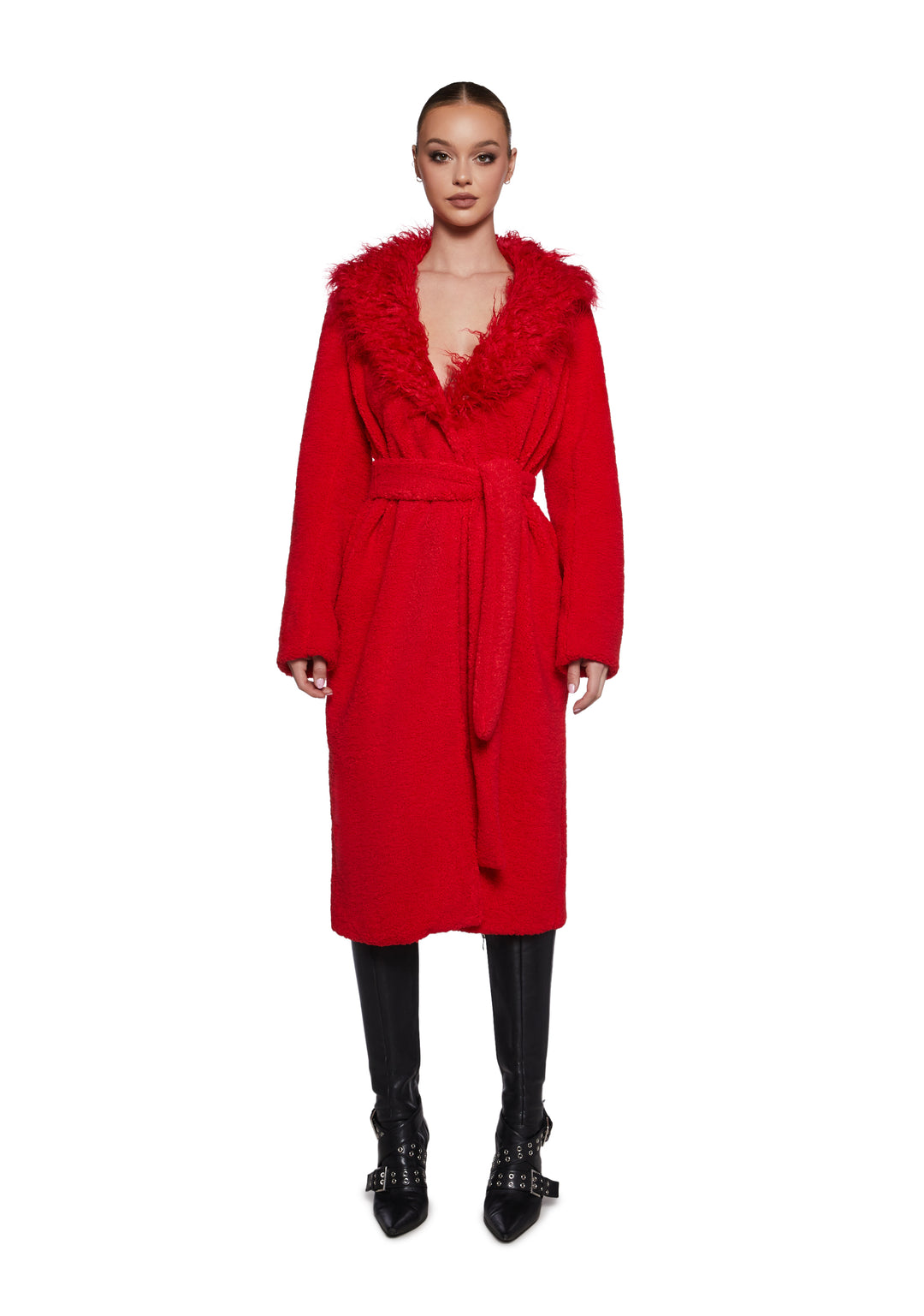 Womens Plush Fleece Long Coat With Tie Closure - Red