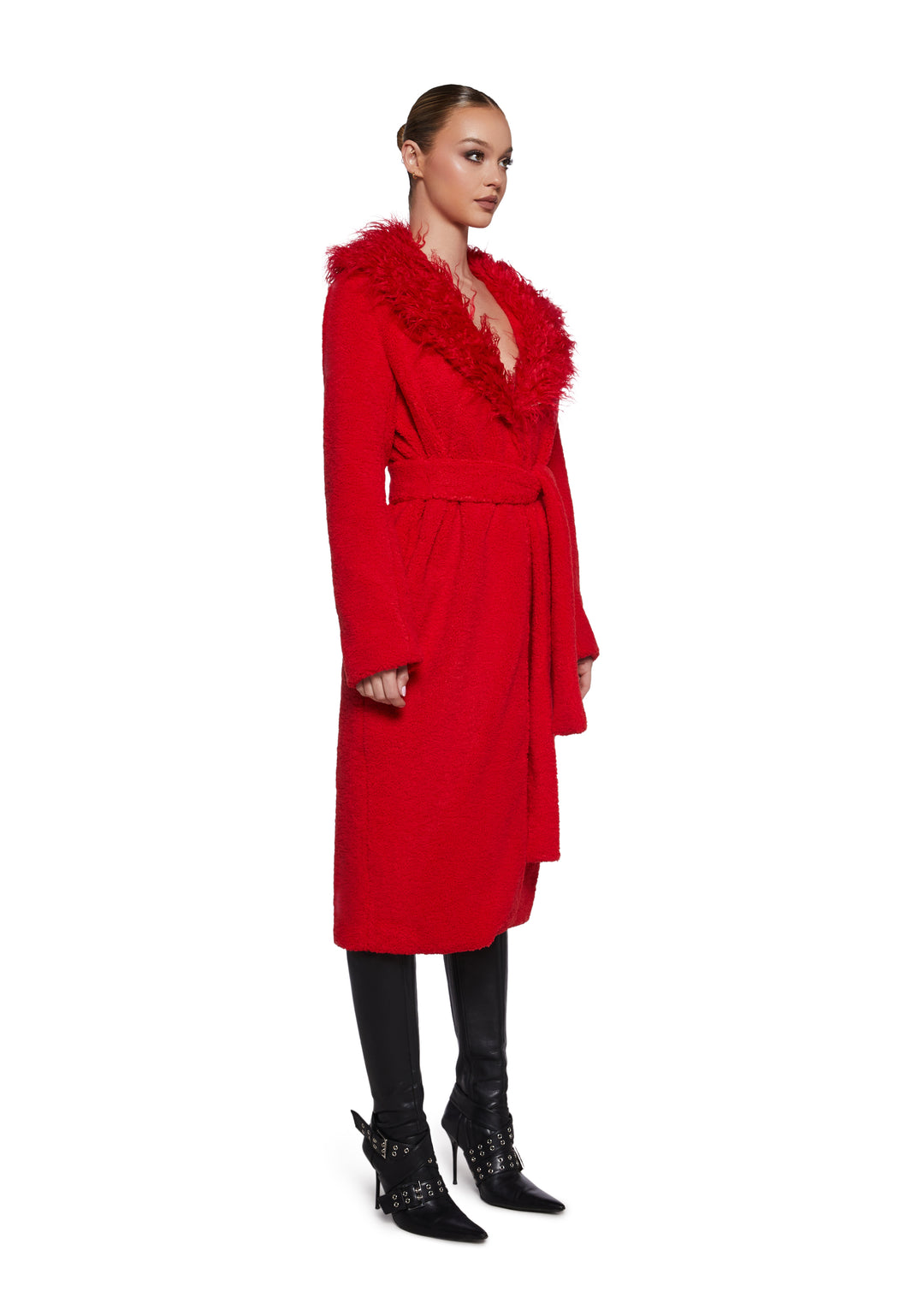 Womens Plush Fleece Long Coat With Tie Closure - Red - Image 3