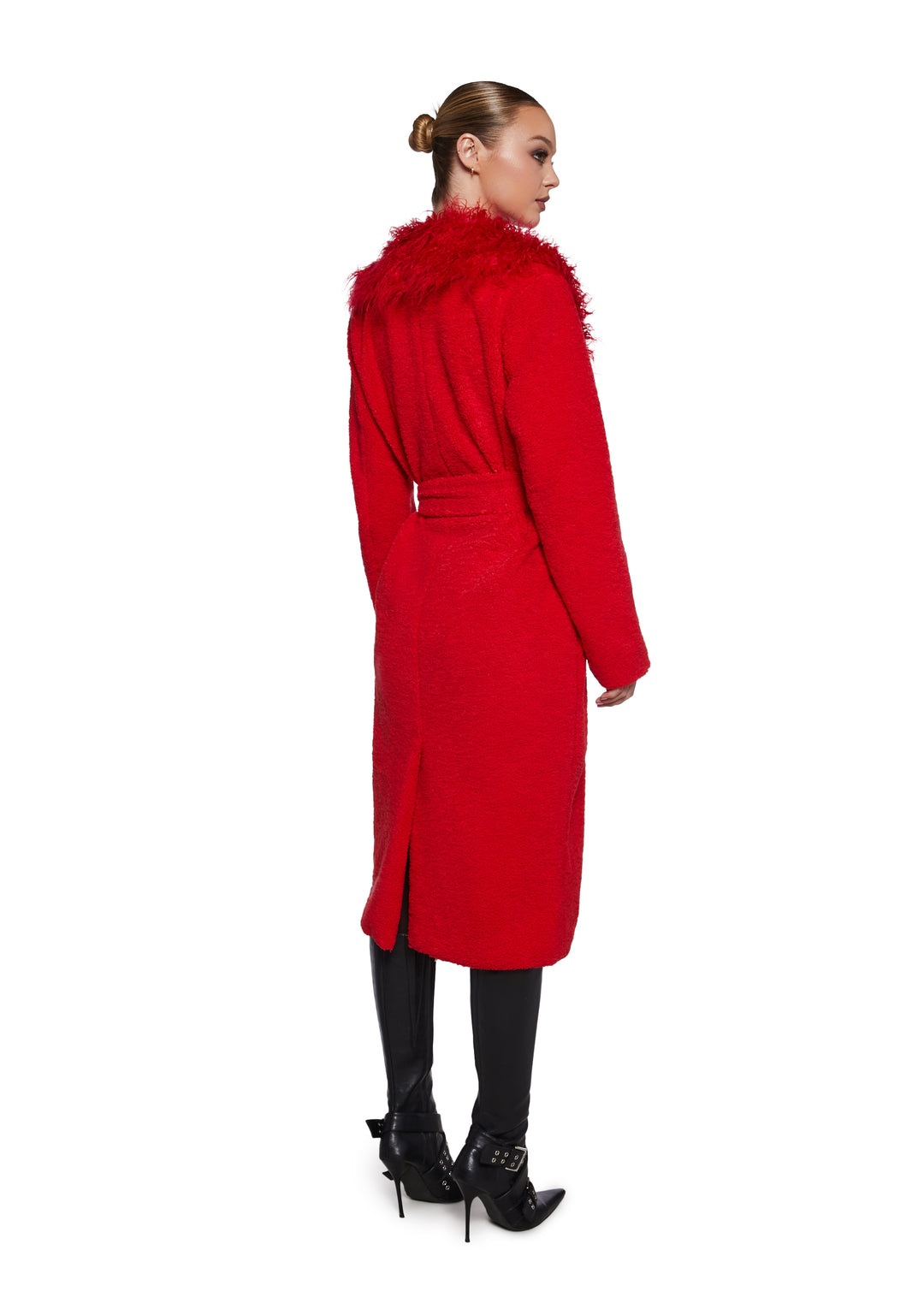 Womens Plush Fleece Long Coat With Tie Closure - Red - Image 4