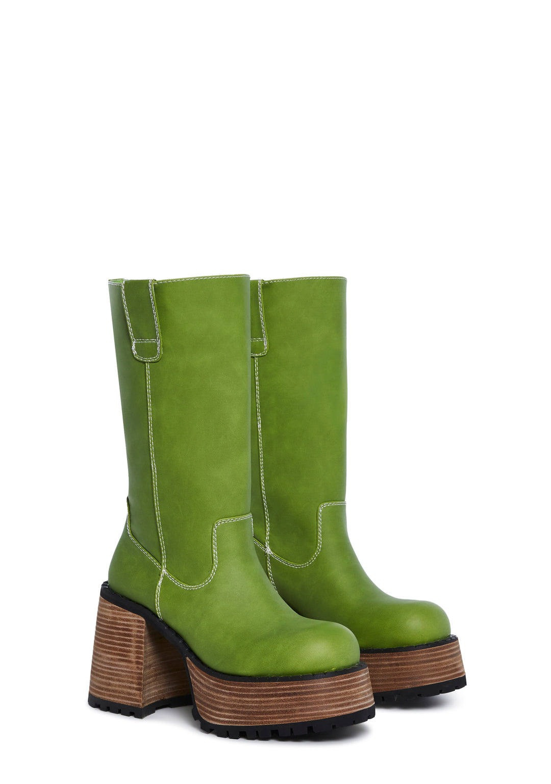 Knee High Boots With Wooden Platform Soles And Block Heels Delias - Green - Image 3