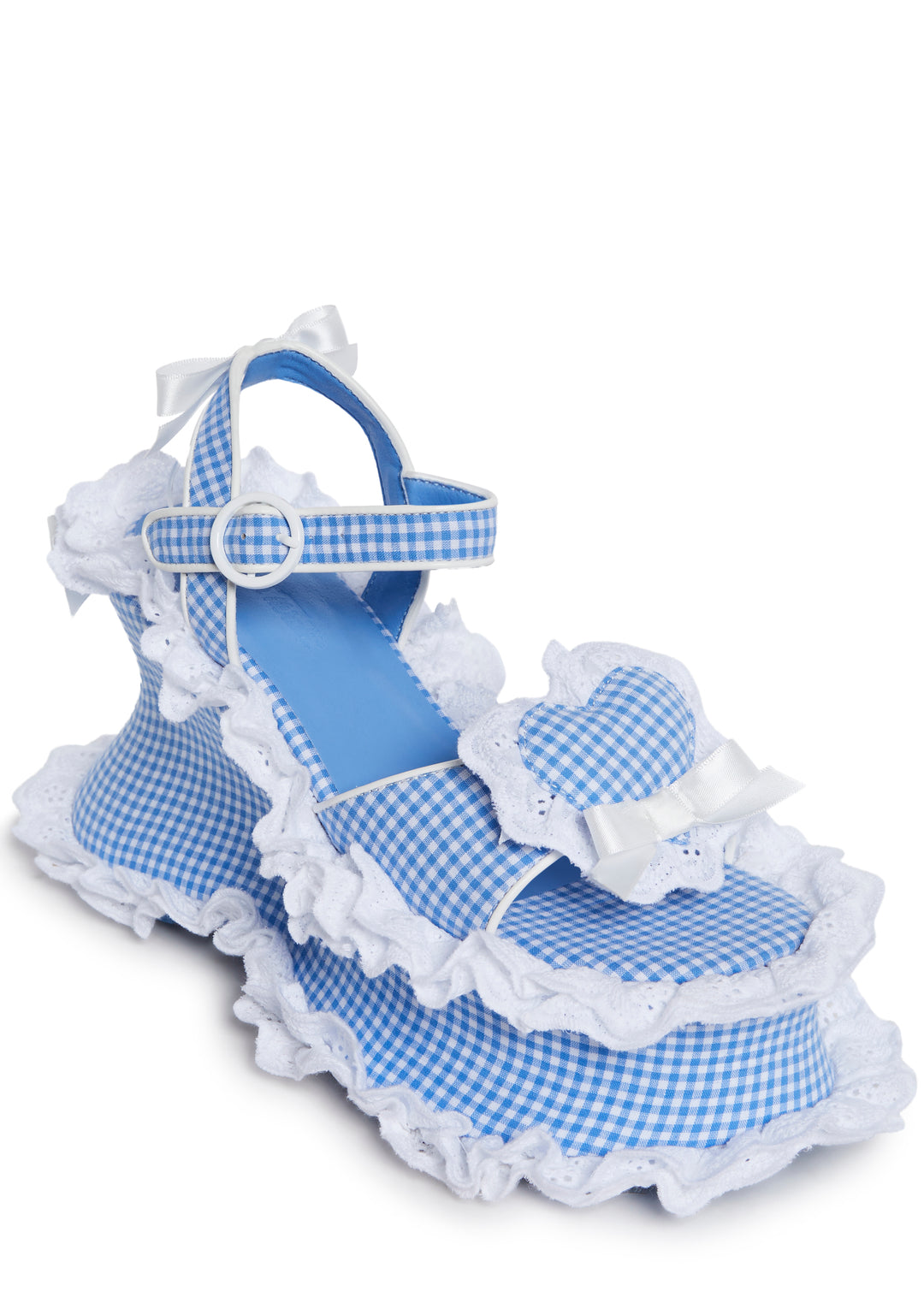 Gingham Eyelet Lace Ruffled Wedge Heels Sugar Thrillz - Blue - Image 2